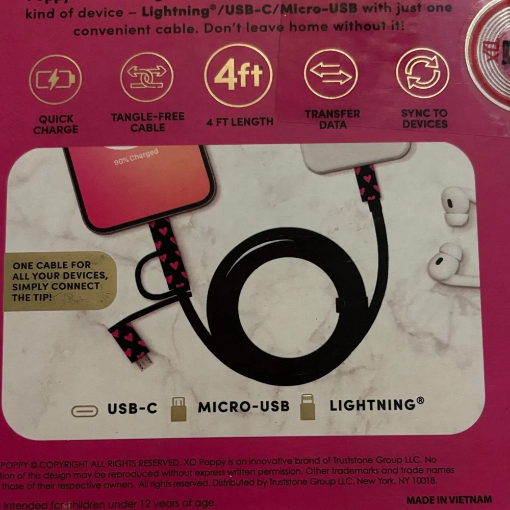 🩷. #6022. XO Poppy 3-in-1 Heart Print Cable 4FT | Cute USB-C Lightning Charger